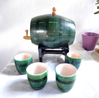 Antik, vintage népi kerámia zöld-fekete boroshordó,csappal,dugóval 4 db kupicával/italos,  készlet