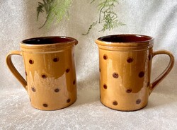 Vintage sárga barna pöttyös mázas kerámia tejes kancsó / kaspó páros