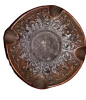 Antique bronzed, possibly cast iron ashtray with relief scenes and serial number,