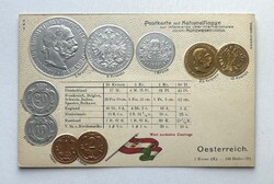Ferenc József osztrák korona pénzrendszer - Dombornyomott érmés képeslap / Kis zászló - Német