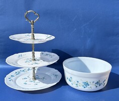Vintage retro francia fehér opál üveg Arcopal emeletes kínáló és mély tál kék nefelejcs dekor