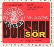 Sör címke: Borsodi világos sör, Borsodi Sörgyár Böcs.