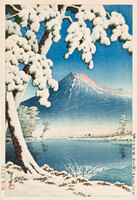 Régi japán fametszet Fudzsi hegycsúcs téli tájkép hó tópart shin hanga ázsiai keleti reprint nyomat