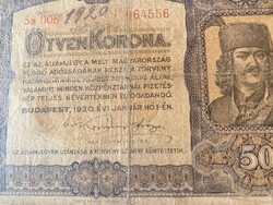 Ötven korona államjegy.1920. Budapest 1920 évi Január hó 1-én. készült.