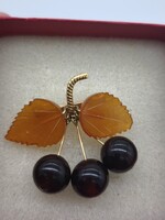 Vintage Többféle Színű Valódi Balti Borostyánból Cseresznyét Formázó Aranyozott Bross