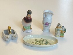 5 DB PORCELÁN DÍSZTÁRGY, HOLLÓHÁZI TÁLKA, GDR VÁZA, FENYŐFA DÍSZ, KERÁMIA KACSA, CIPŐ EGYÜTT