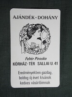 Kártyanaptár,Fehér Piroska trafik,dohány,ajándék üzlet,Pécs,grafikai, 1990   (licites)