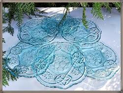 Türkizkék színű gyümölcs mintás art deco üveg desszertes tányér készlet