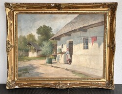 Zorkóczy Gyula 1873-1932 olajvászon festmény , életkép 75x 100 , keret :97 x 123