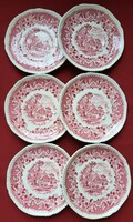 6db Seaforth Woods Burslem angol bordó jelenetes porcelán csészealj tányér kistányér szett készlet