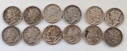 12 db eredeti Mercury Dime ezüst érme lot 1941–1944 – USA 90% silver coins