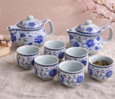 Jingdezhen kínai porcelán teáskészlet 6 csészével – kék fehér tea szett
