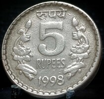 India 5 rúpia, 1998 Recézett-hornyolt perem Verdejel nélkül - Calcutta (Kalkutta) E10B3