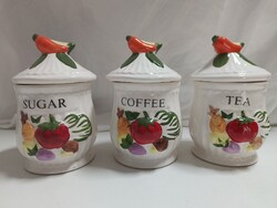 Plasztikus zöldség díszítésű kerámia fűszertartó szett, kávé, tea, cukor