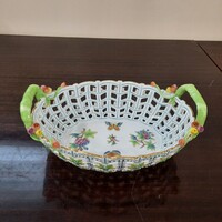Herendi Viktória mintás porcelán áttört füles kínáló tál, kosár