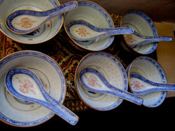 6 szett Keleti rizs szemes porcelán tálka és kanál szines