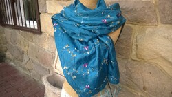 Különleges-Mangánkék virághimzéses gyűrt selymes anyagú stóla-sál akár alkalomra is 144x60 cm+rojt