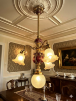 3 karú restaurált aranyozott antik porcelán betétes öntött vas csillár