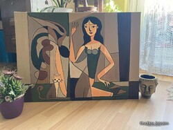 Woman with cat - akril festmény