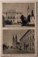 Képeslap,Miskolc részletek Deák Ferenc szobor, Mindszenti-templom, MÁV, Erdőgazdaság M. kir.