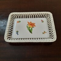 Herendi Tulipán virágmintás porcelán fonott kínáló tál, kosár