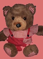 Régi aranyos plüss maci TEDDY MACI kockás ingben, kantáros gatyával 30 cm hibátlan a képek szerint