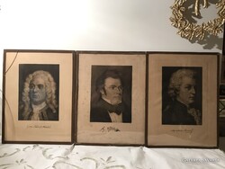 KÉP - 3 db - ANTIK - ZENESZERZŐK - 30 x 23 cm -  BÉCSI - HANDEL - DEBUSSY - MOZART