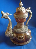 KÉZMŰVES "EZÜST" VERETES TIBETI NEPÁLI RÉZ, SÁRKÁNYOS KÁVÉ/TEA KIÖNTŐ ANTIK KÉZMŰVES EZÜST VERET