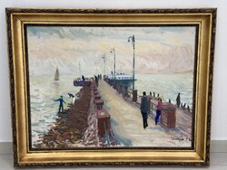 Demjén Attila Balaton vízpart móló szocreál életkép hajó vitorlás modern festmény