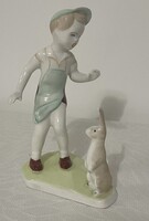 Kézzel festett, Aquincumi porcelán, nyuszival játszó kisfiú