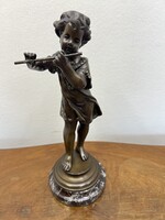 Exkluzív 40 cm-es Antik Bronz Szobor – Zenész kisfiú márvány talpon (Rousseau / Moreau)