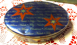 Ritka! Régi ovális fém doboz ünnepi Karácsonyi dekorral,  jókívánságok több nyelven/Merry Christmas