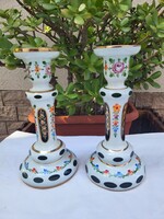 Vintage Lausitzer/Bohemian Emerald Green Cut, Hand-Painted Crystal Candlestick Pair