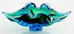 Josef Hospodka csehszlovák zöld-kék üveg kínáló tál, 30 cm, eredeti Bohemia Glass