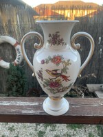 Hollóházi porcelán paradicsommadaras váza klasszikus kétfülű,