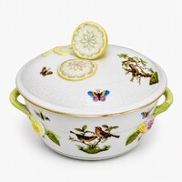 Herendi kézzel festett fedeles csontostál / porcelán tál citromfogóval – Rothschild madaras dekor