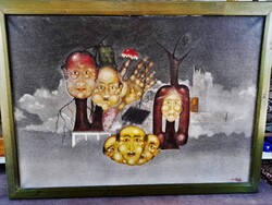 Angyal Zoltán Gyula (1950.-) nagyméretű szürrealista olaj - vászon festmény, 1983.