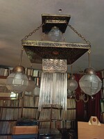 Antik antikolt réz, art deco csillár,ötbúrás,középen üvegpálcás