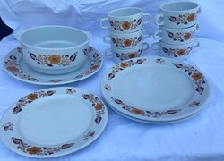 Retro Alföldi porcelán Panni leveses készlet – leveses tál + 6 db kétfüles csésze, hiányos szett