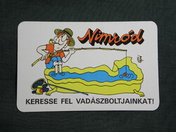 Kártyanaptár,Nimród vadászboltok,Budapest,Pécs,Szeged,grafikai,horgász, 1982  (6)