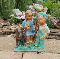 F. Kun Márta ceramic sculpture of a little girl with a puppy