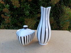 Retro Hollóházi porcelán fekete-fehér csíkos váza és bonbonier