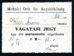 Miskolci izraelita hitközség szarvasmarha vágatási jegy