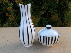Retro Hollóházi porcelán fekete-fehér csíkos váza és bonbonier