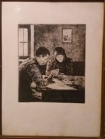 Glatz Oszkár (1872 - 1958) alkotása Ebéd rézkarc keretben üvegezve a képek szerint