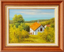 Balaton-felvidéki pinceház – hangulatos balatoni tájkép, 30×40 cm Lantos György olajfestmény