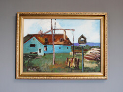 Gyönyörű BÁNFI festmény - TANYA GÉMESKÚTTAL - szép keretben - 57,5x42,5 cm a keret