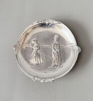 Antik WMF szecessziós ezüstözött tálka, névjegykártyatartó (1909-1914) – Holland életkép, jelzett!