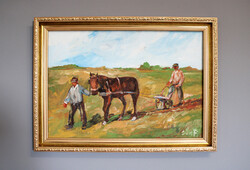 Gyönyörű BÁNFI festmény - Szántás lóval - szép keretben 57,5x42,5 cm a keret