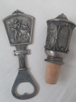 Díszes német ón / pewter borosüveg dugó és sörnyitó szett
